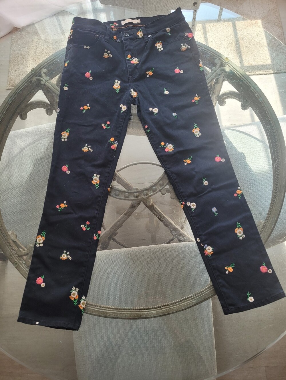 Tory Burch Black Floral Embroidered Straight Jeans 27